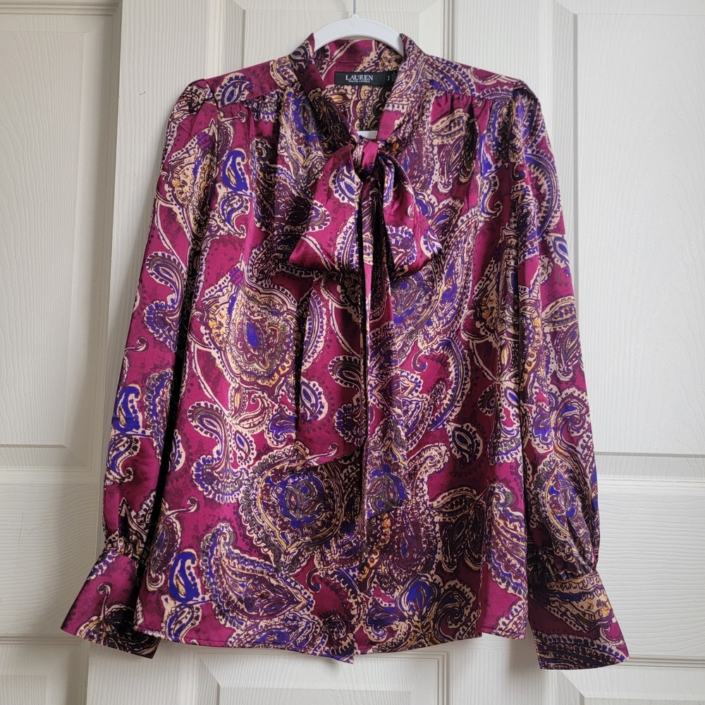 Lauren Ralph Lauren Black Label Paisley Satin Charmeuse‎ Tie-Neck Blouse Small - Picture 2 of 12